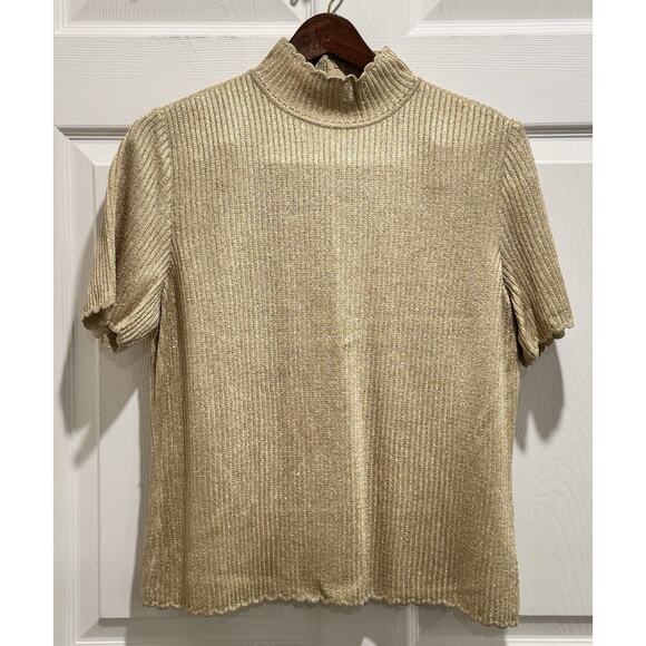 St John Basics Gold Metallic Knit Short Sleeve Scallop Mock Neck Sweater Sz S - Picture 1 of 7